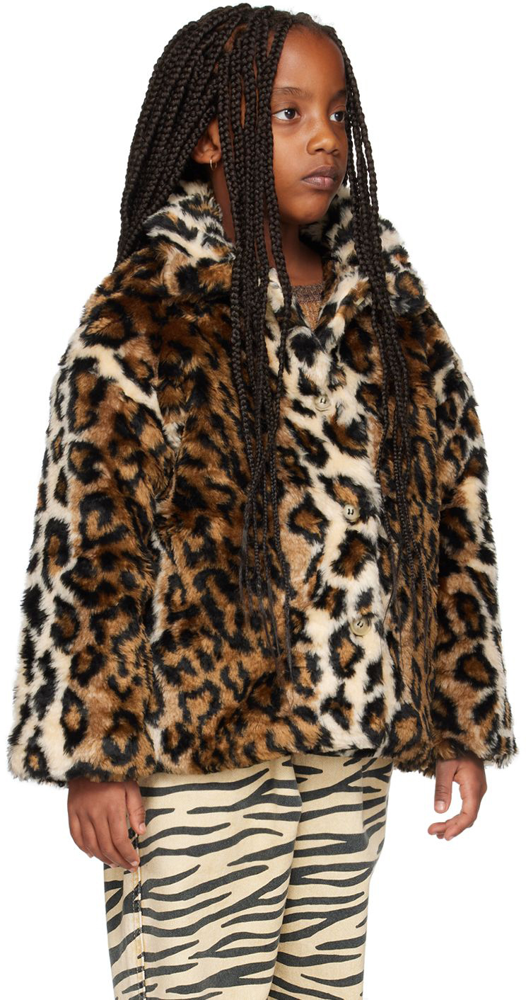MAED FOR MINI KIDS BROWN LEOPARD FAUX-FUR COAT