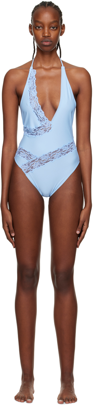 SSENSE Exclusive Blue V-Neck One-Piece Swimsuit