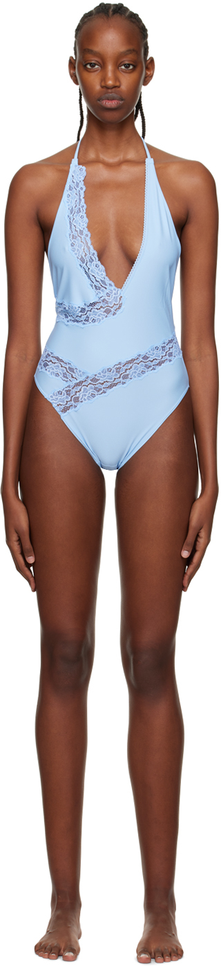 SSENSE Canada Exclusive Blue V-Neck One-Piece Swimsuit by VAILLANT on Sale