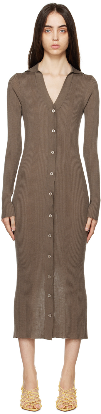 Remain Birger Christensen Taupe Buttoned Midi Dress In 18-1110 Brindle