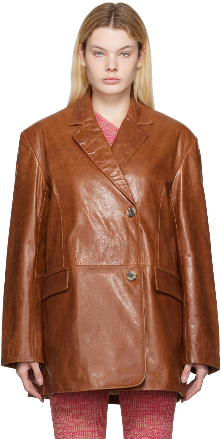 REMAIN Birger Christensen: Brown Bolette Leather Blazer | SSENSE