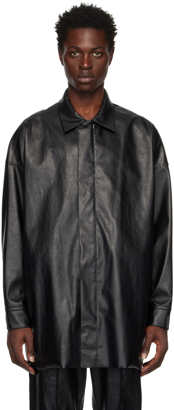 N.Hoolywood: Black Half Coat Faux-Leather Jacket | SSENSE UK