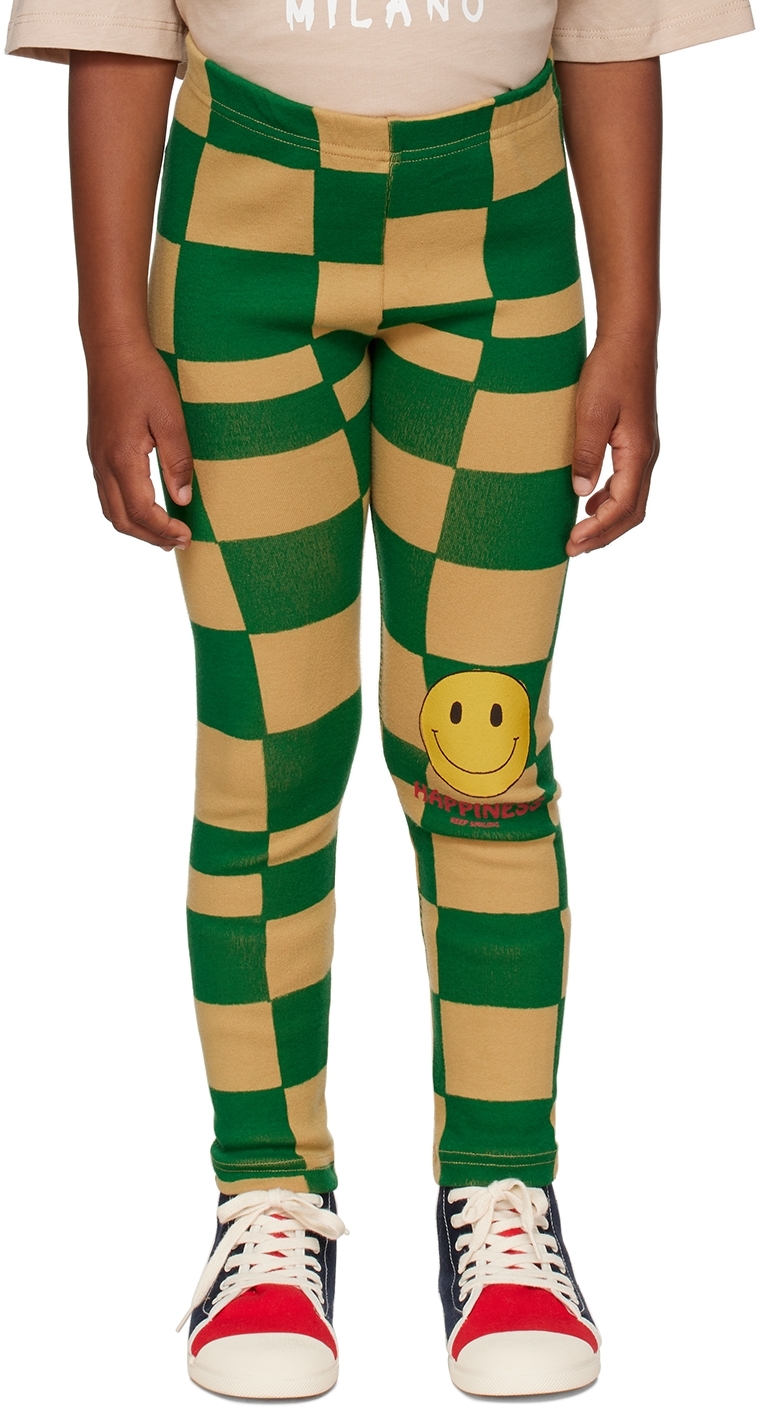 Kids Green & Yellow Grid Leggings by Jellymallow on Sale