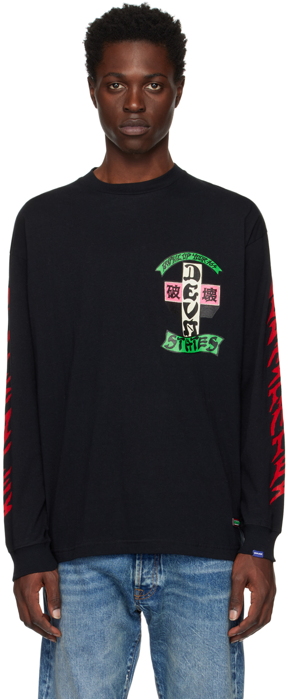 Black Graphic Long Sleeve T-Shirt by DEVÁ STATES on Sale