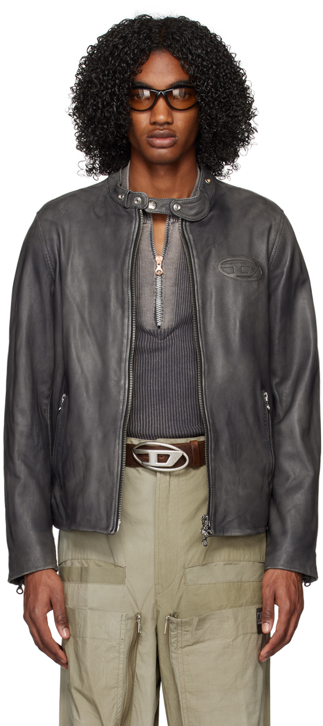 Diesel: Gray L-Metal-Treat Leather Jacket | SSENSE Canada