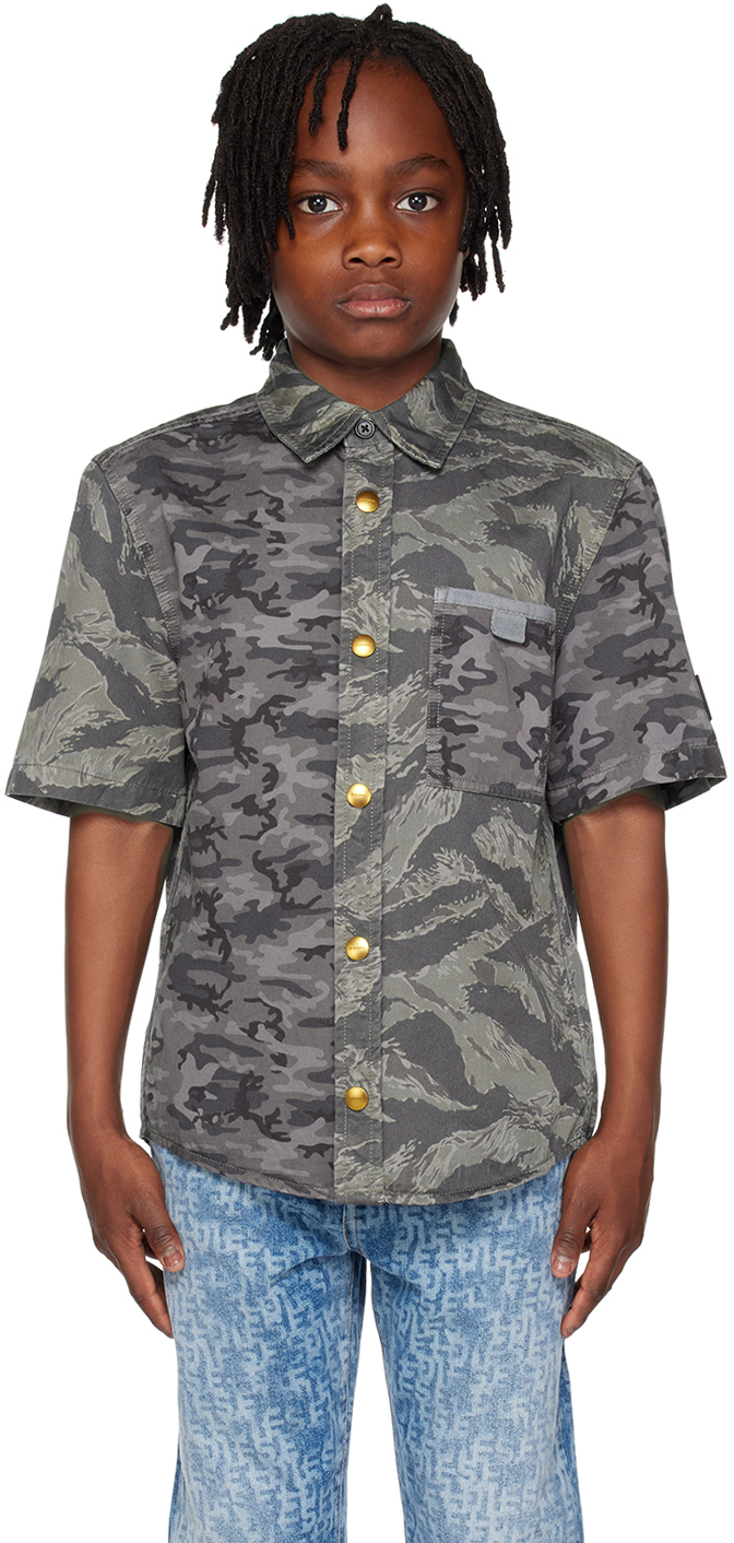 Diesel Kids' Curm-cmf Shirt  Military Green Camouflage Mix Shirt With Breast Pocket In Grey