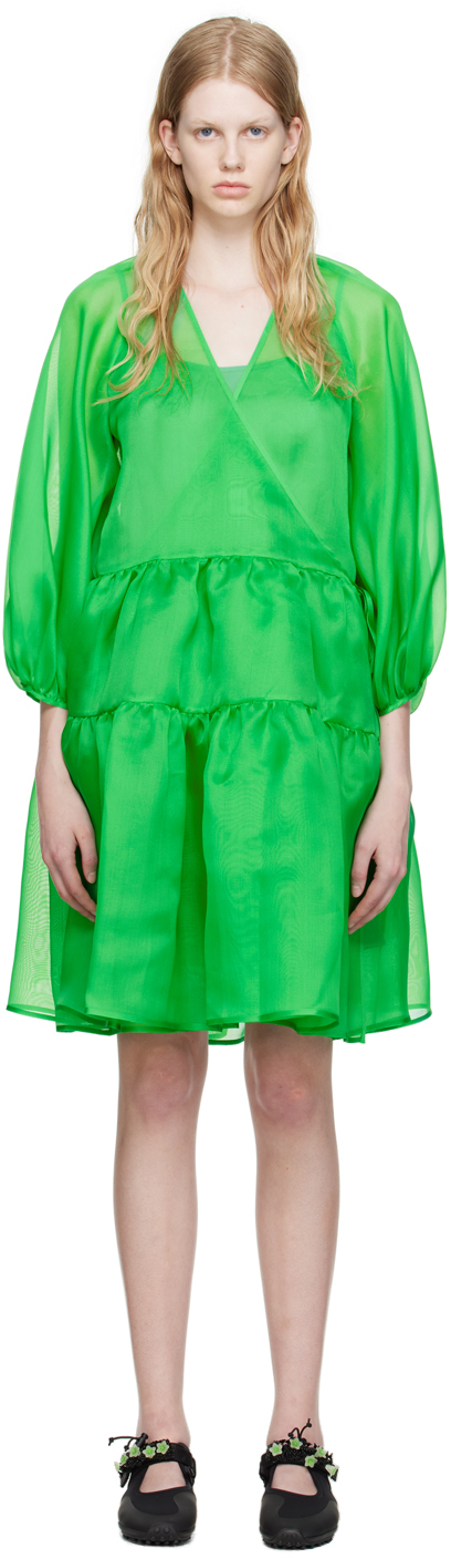 Cecilie Bahnsen Mirabelle Tiered Gathered Silk-organza Mini Wrap Dress In Emerald