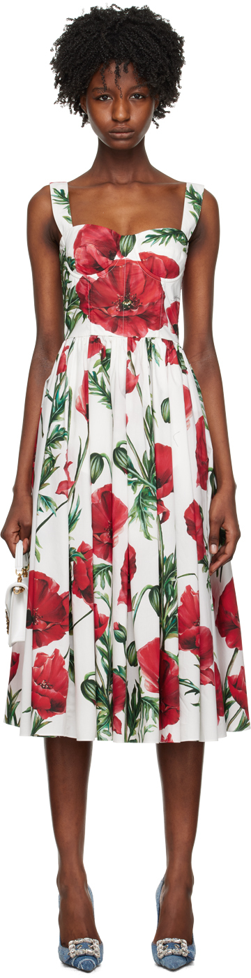 Dolce & Gabbana Floral-print Midi Dress In Red/white