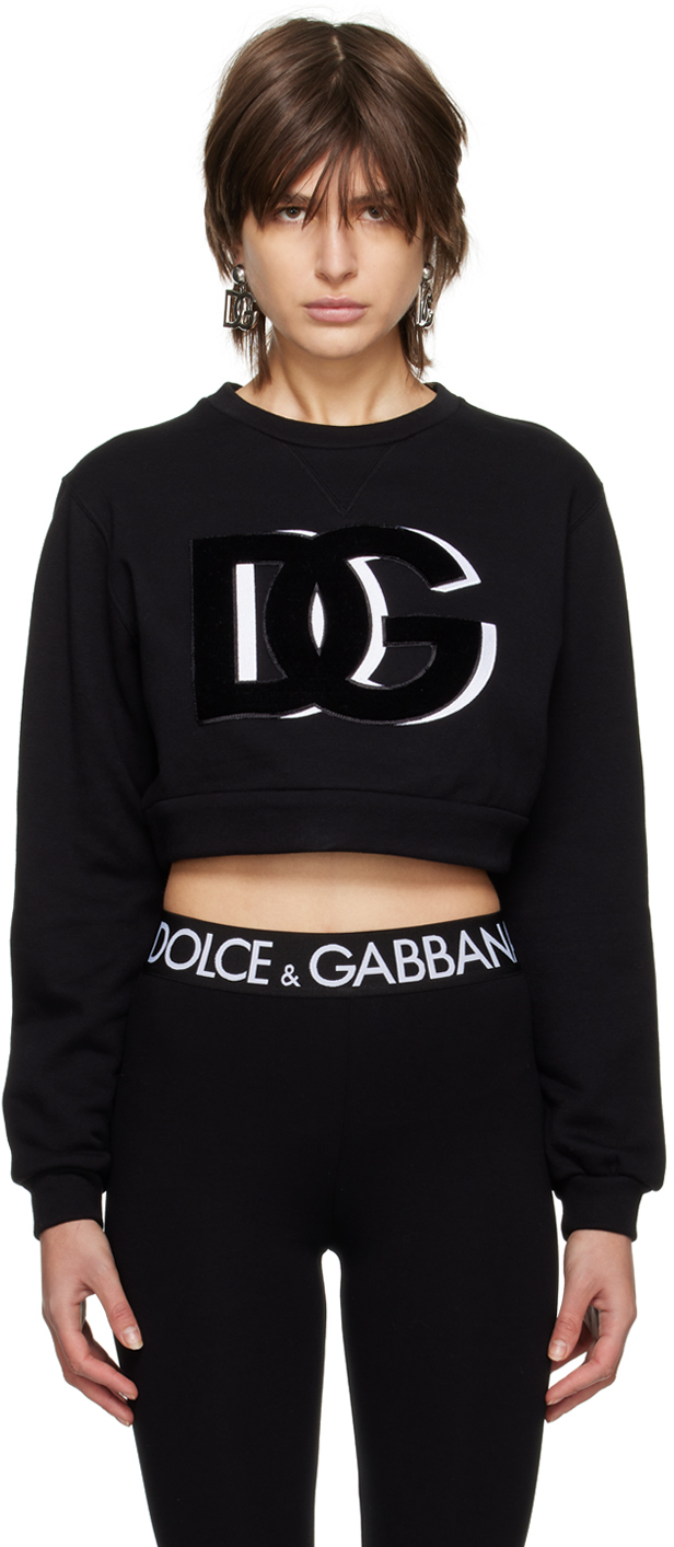 Dolce & Gabbana Cotton Jersey Cropped Sweatshirt With Dg Logo Flock Patch In Nero