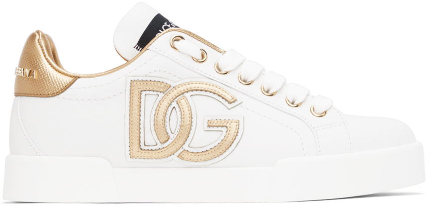Dolce & Gabbana White & Gold Portofino Sneakers In 89662 Bianco/oro