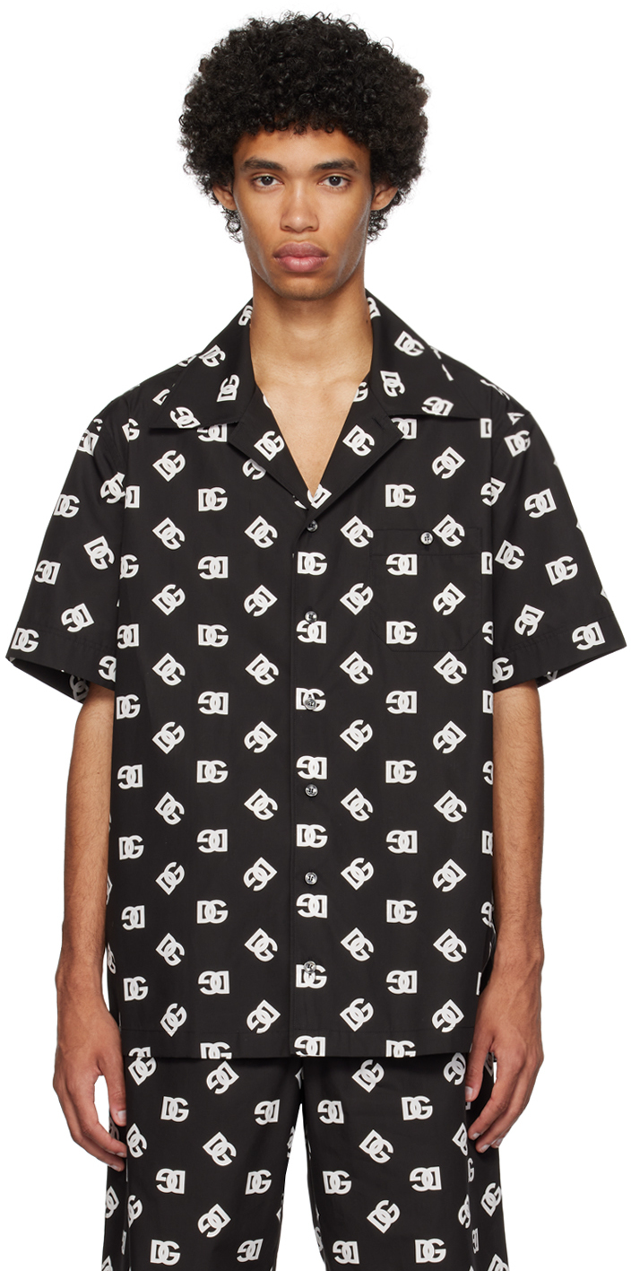 Dolce & Gabbana Cotton Hawaiian Shirt With Dg Monogram Print In Black