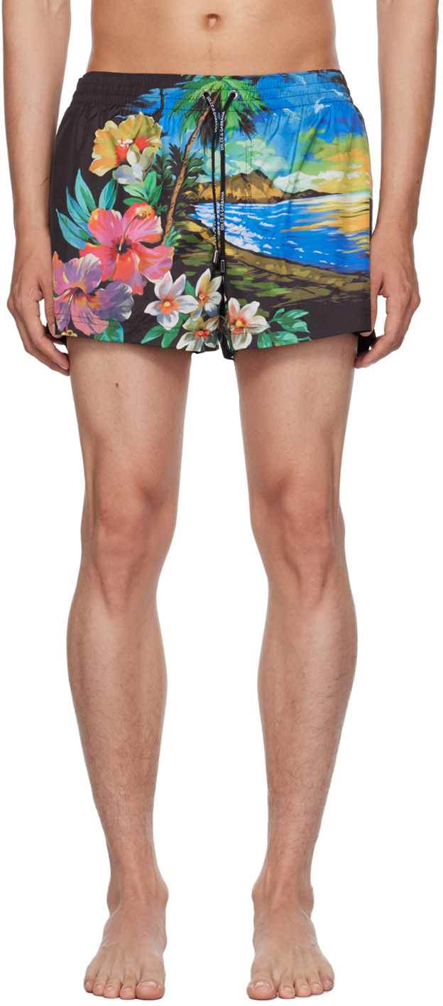 Shop Dolce & Gabbana Black Printed Swim Shorts In Hh4jj Hawaii