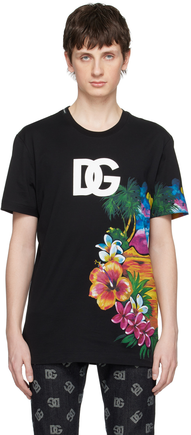 Dolce & Gabbana Floral Print Dg T-shirt In Black