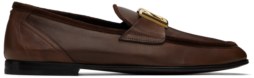 Dolce & Gabbana Brown Calfskin Slippers In 80047 Marrone