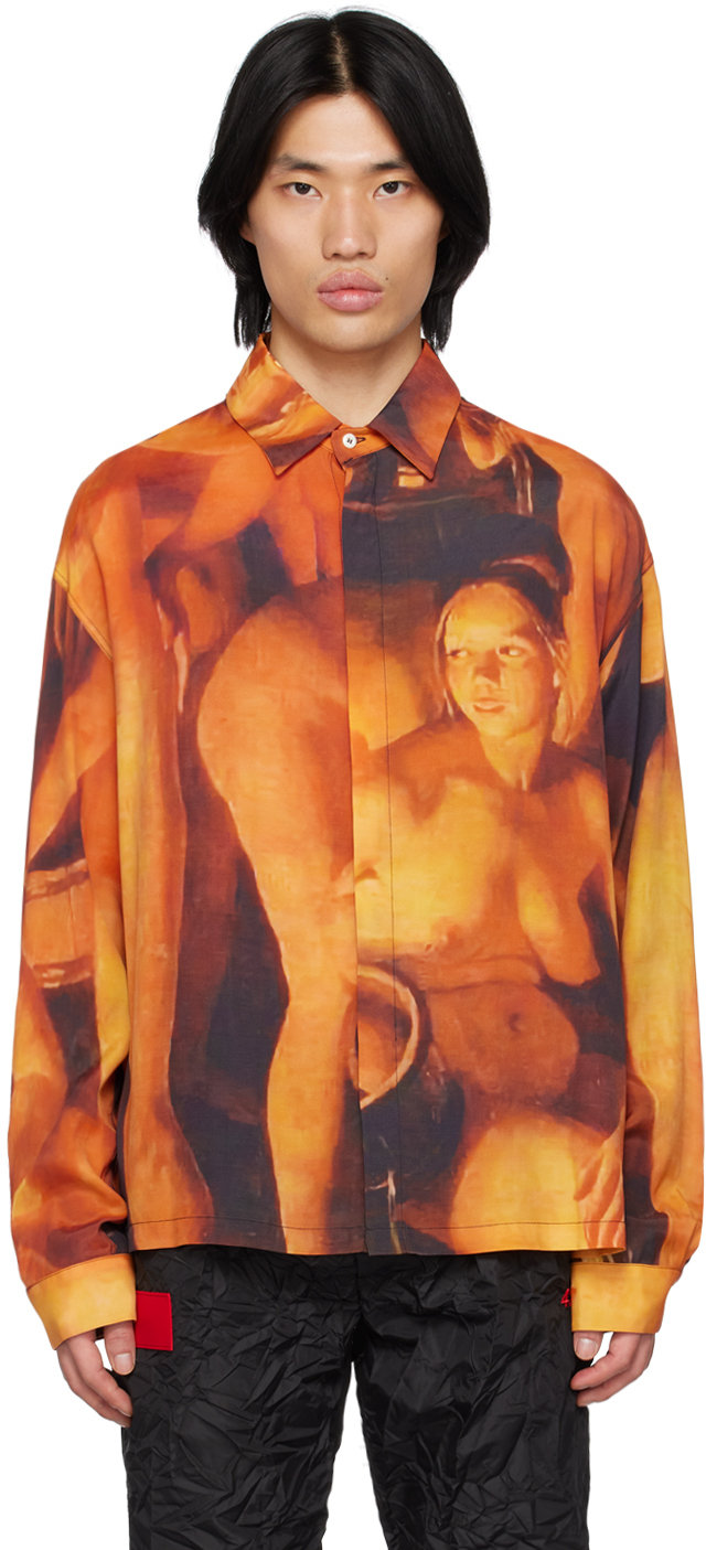 Orange Printed Shirt by 424 on Sale
