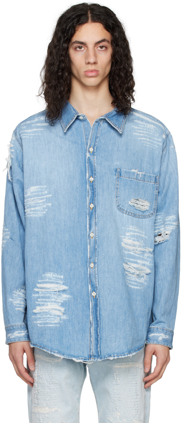Blue Distressed Denim Shirt by 424 on Sale