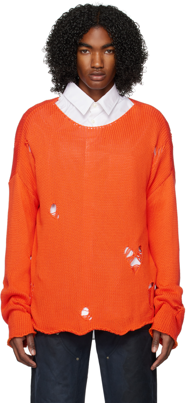 424 Distressed Oversize Cotton Knit Sweater In Orange