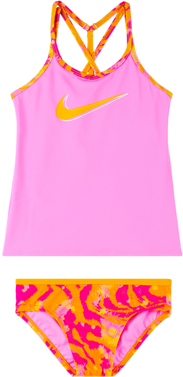Nike Kids Pink & Orange T-crossback Big Kids Swim Top & Briefs Set In 670 Pink Spell