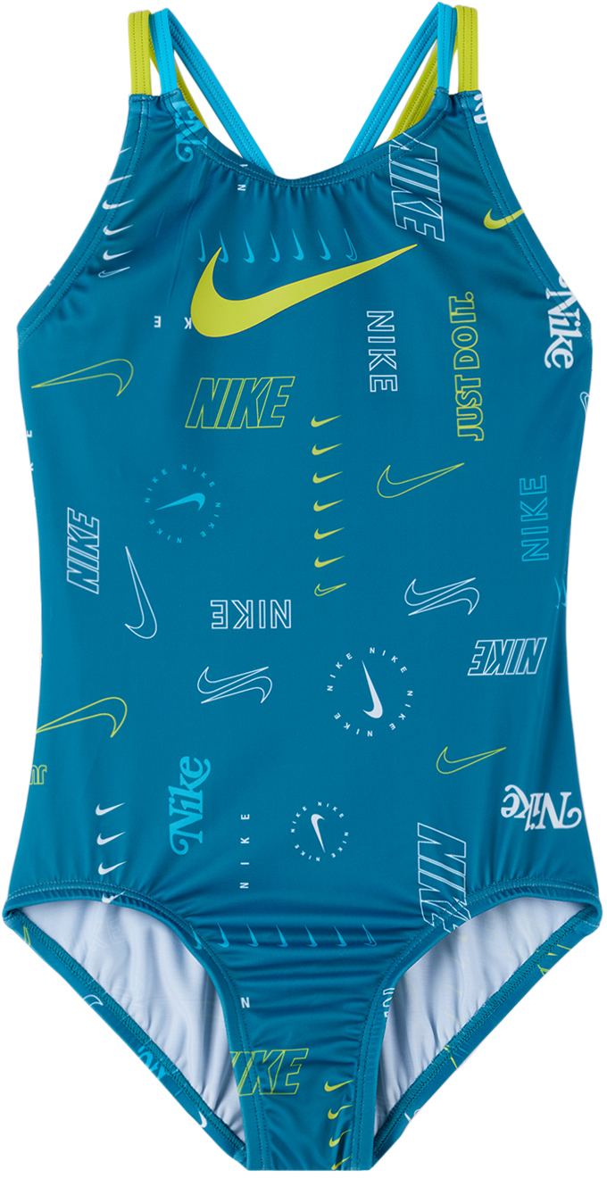 Nike Kids Blue Spiderback Big Kids One-piece Swimsuit In 448 Green Abyss