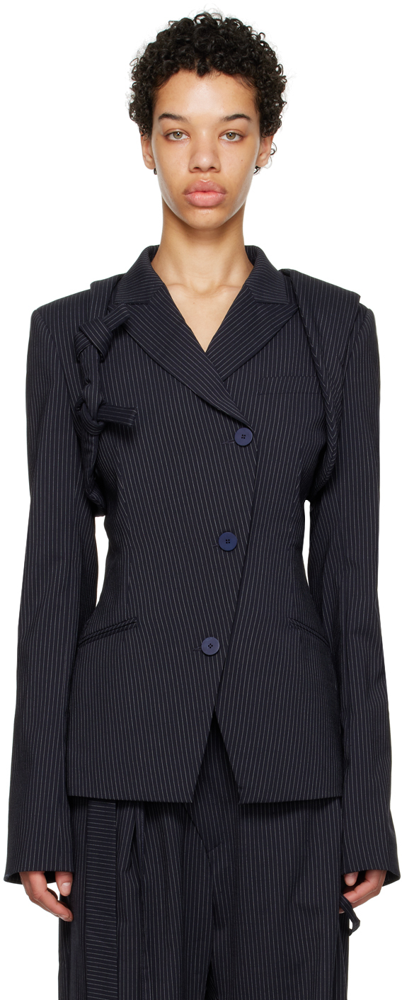 Ottolinger Ssense Work Capsule – Navy Otto Fitted Harness Blazer In Navy Pinstripe