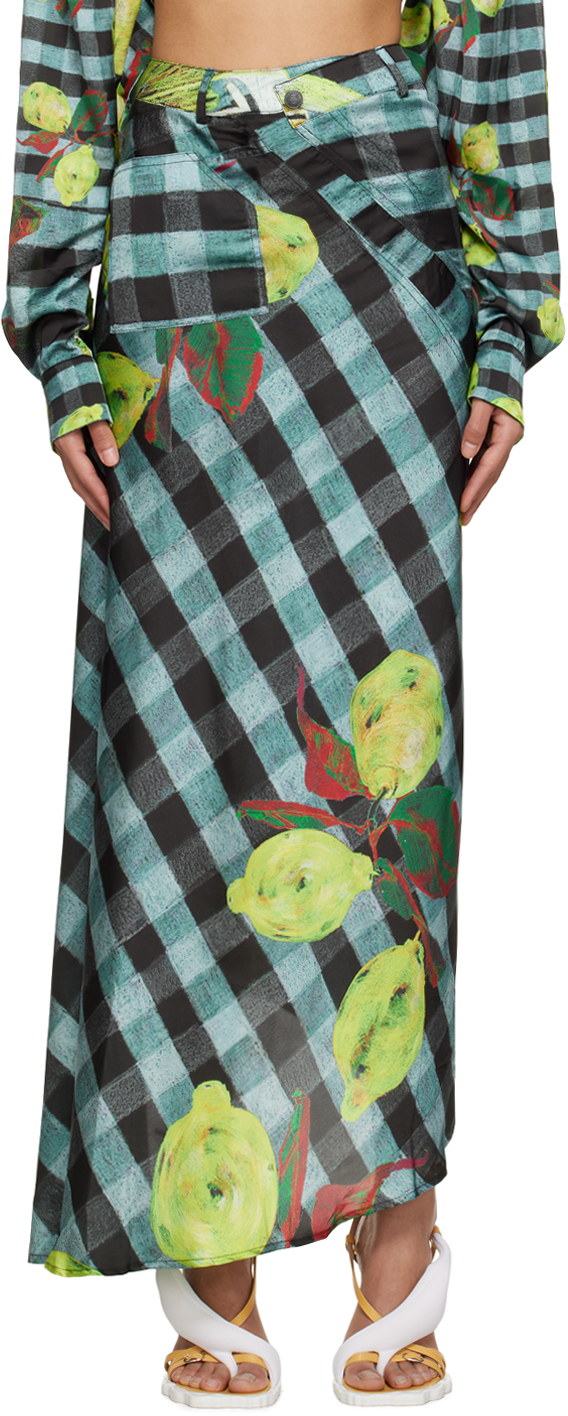 Shop Ottolinger Blue Lemon Gingham Maxi Skirt In Lemon Print
