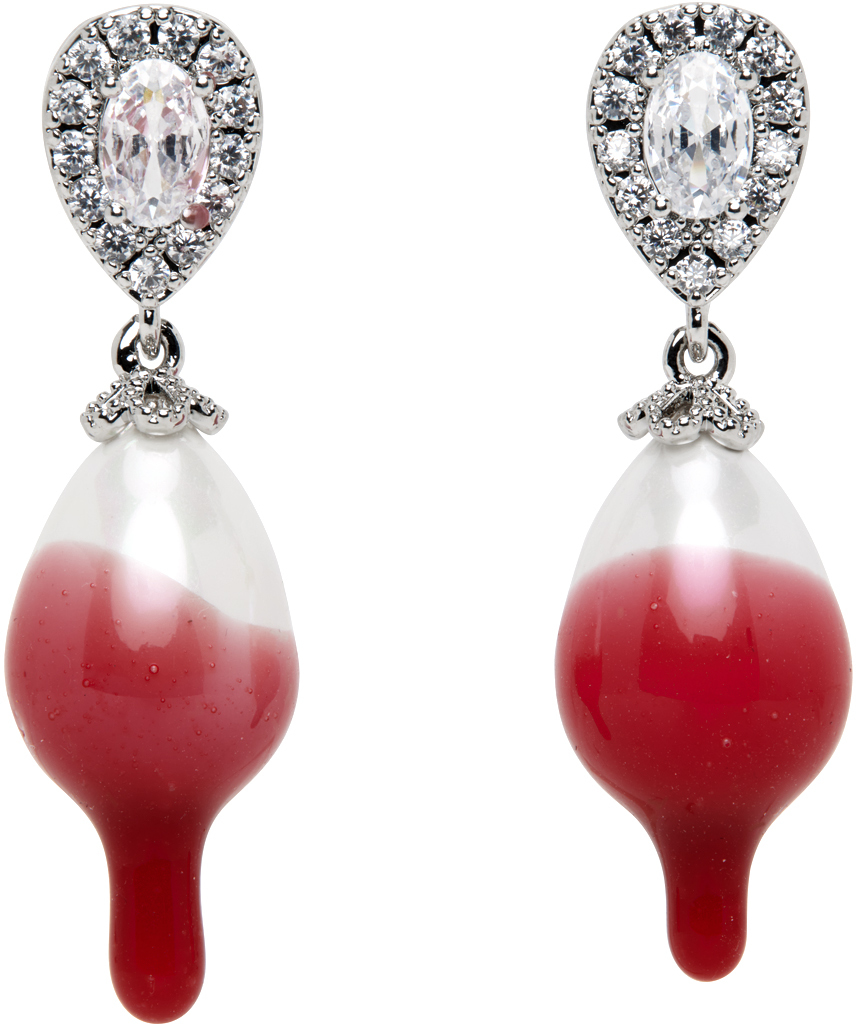 Ottolinger Silver & Pink Pearl Drop Earrings In Burgundy Burgdy
