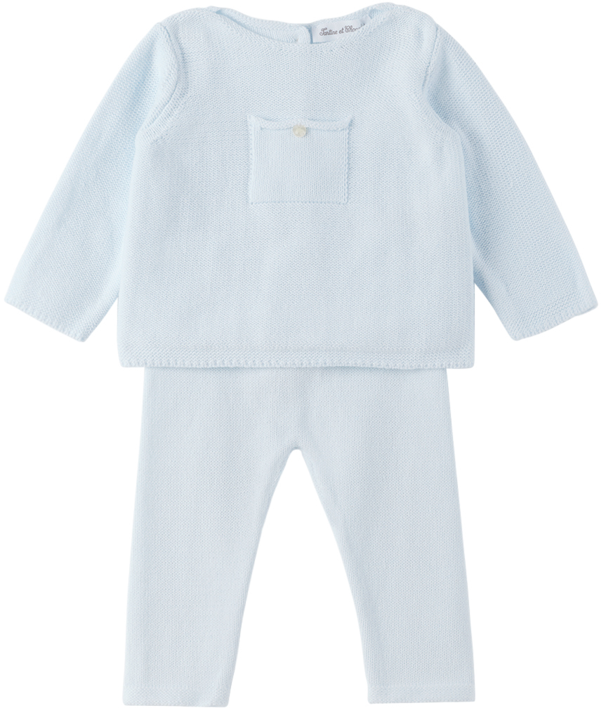 Tartine Et Chocolat Baby Blue Pocket Long Sleeve T-shirt & Leggings Set In 41 Bleu Ciel Chiné