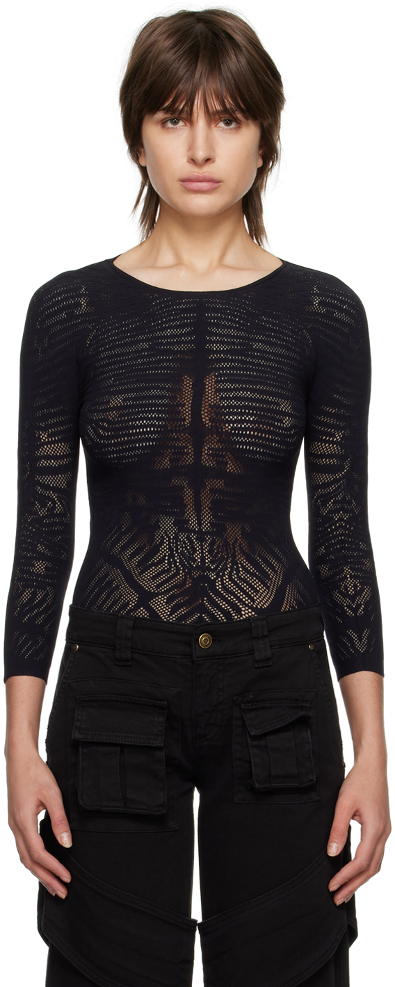 Wolford Black Zebra Net Long Sleeve T-shirt In 7005 Black