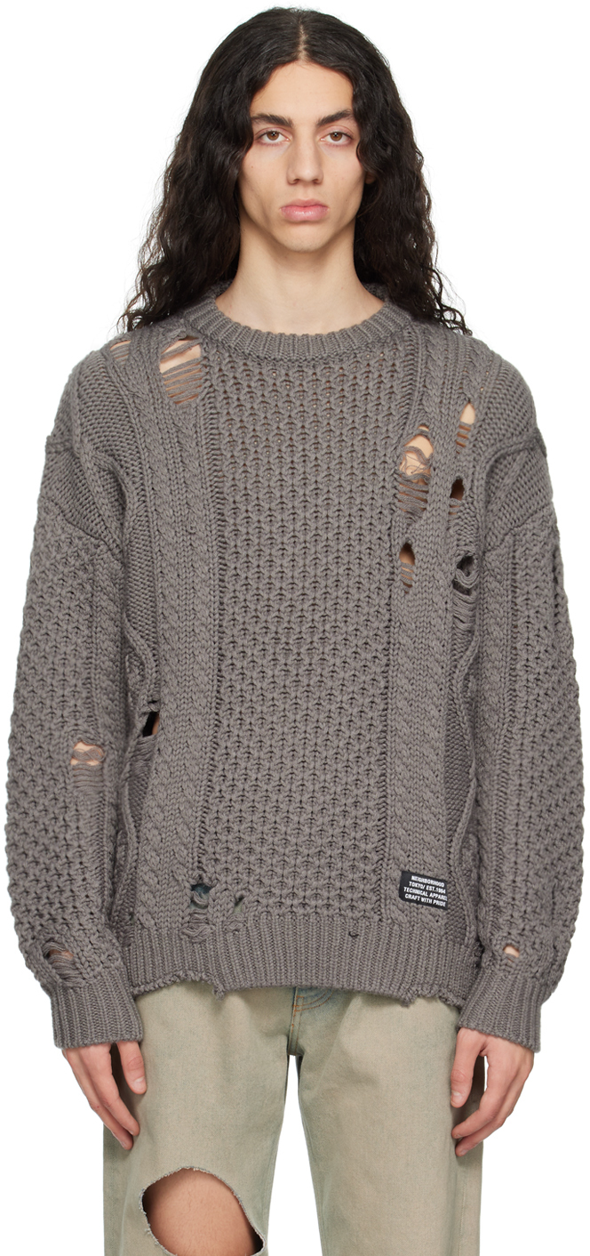 Neighborhood Savage Distressed Cable-knit Jumper In Grey