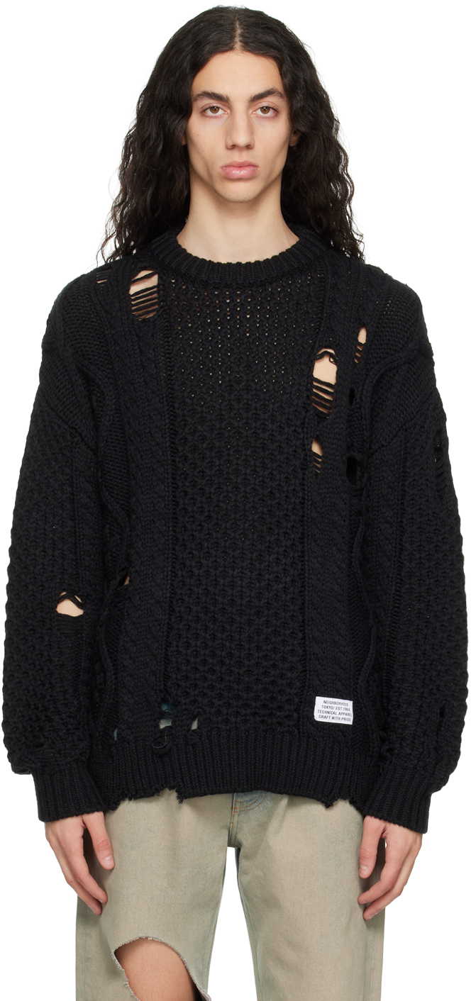 Neighborhood Savage Distressed Cable-knit Sweater In Black | ModeSens