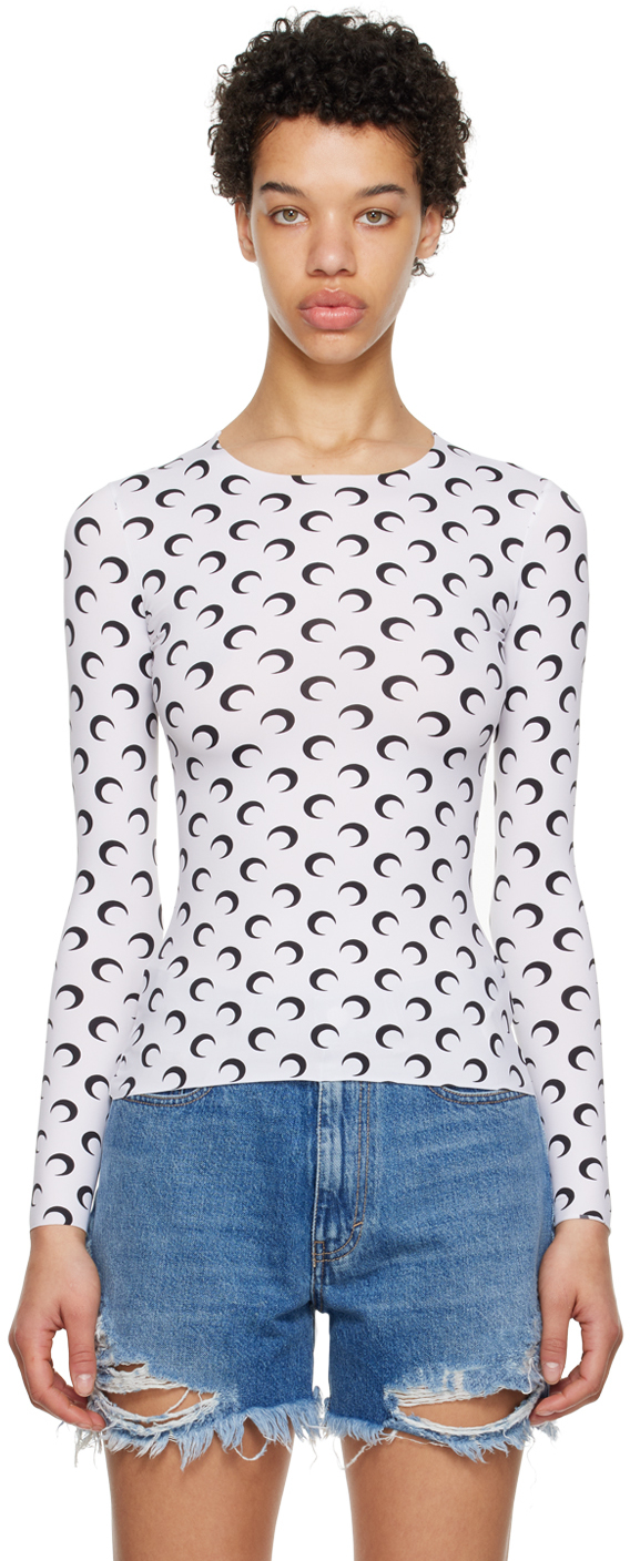 Marine Serre White Recycled Moon Jersey Second Skin Crewneck T-shirt In 01 All Over Moon Whi