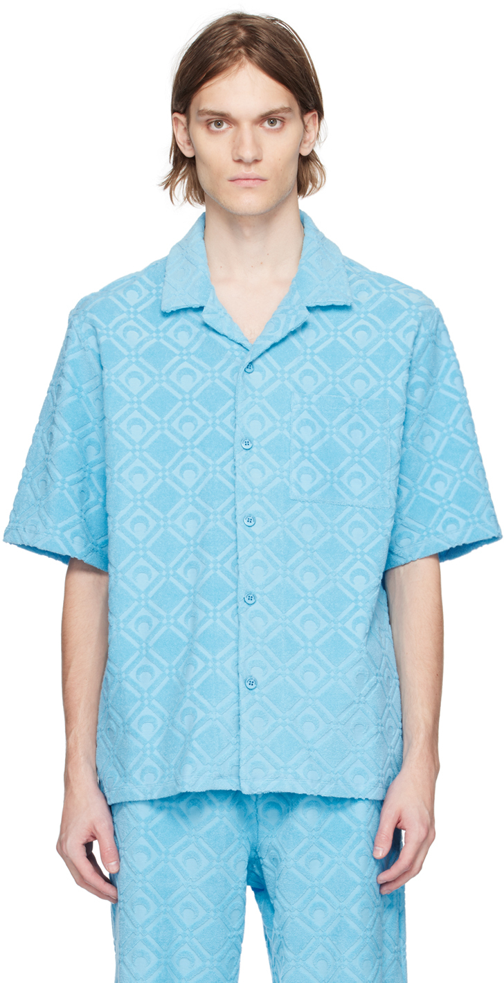 Marine Serre Jacquard Short Sleeve Cotton Towel Shirt In Blue