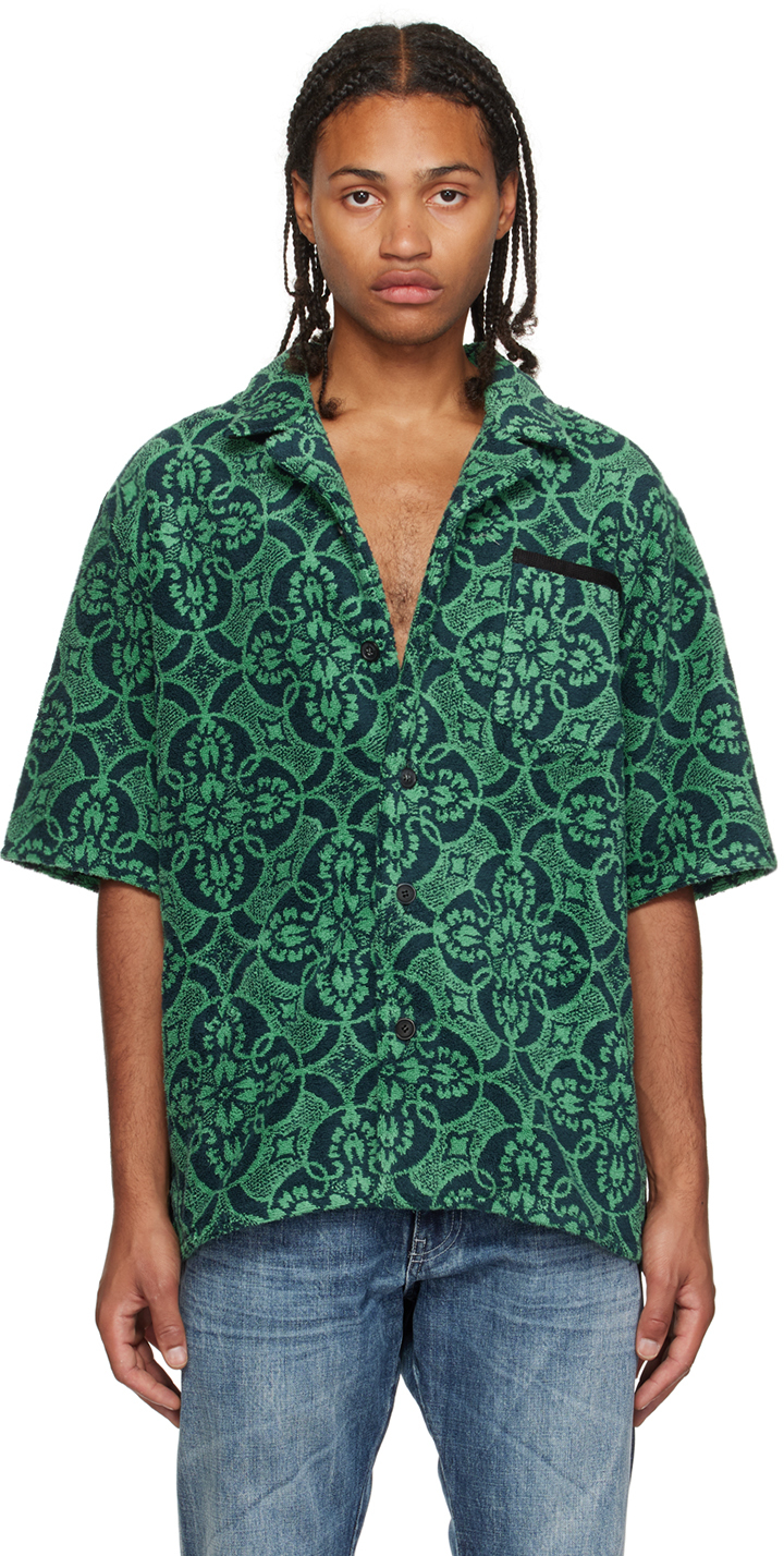 Green & Navy Bowling Shirt by Marine Serre on Sale