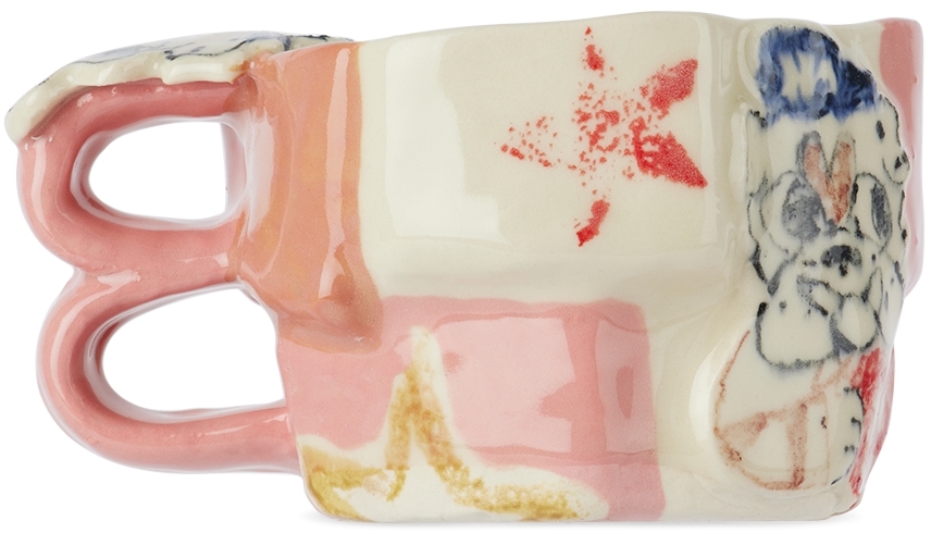 Handle With Care By Christian Moses Pink & White Big Dog Patchwork Mug In Pink And White