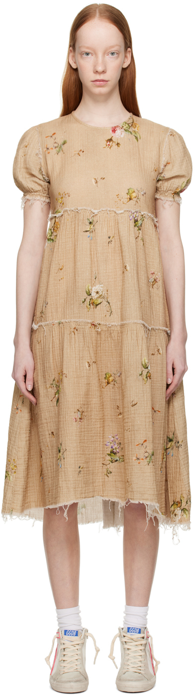 R13 Shredded Relaxed Midi Dress In Floral On Khaki In Neutrals