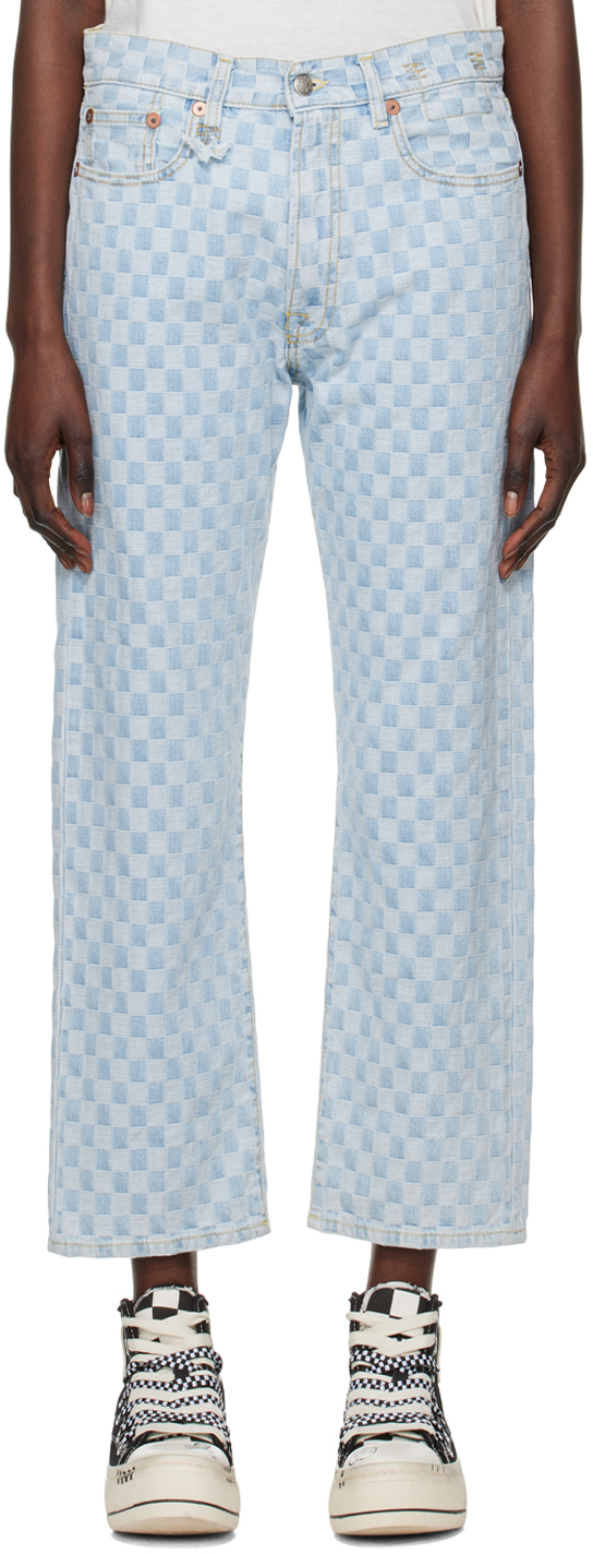 Blue Gingham Pattern Jacquard Denim Boyfriend Fit Jeans