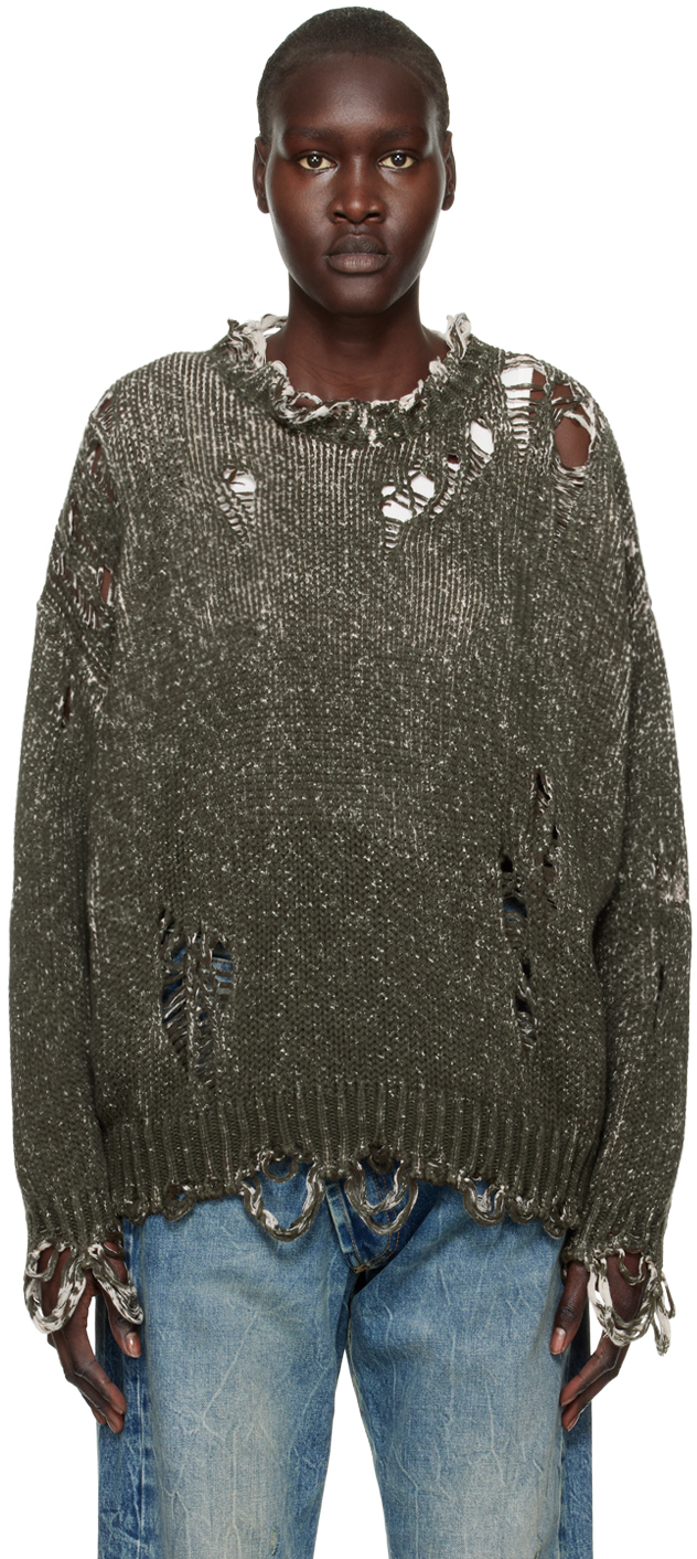 R13 Khaki Distressed Oversized Sweater In Printed Dark Olive
