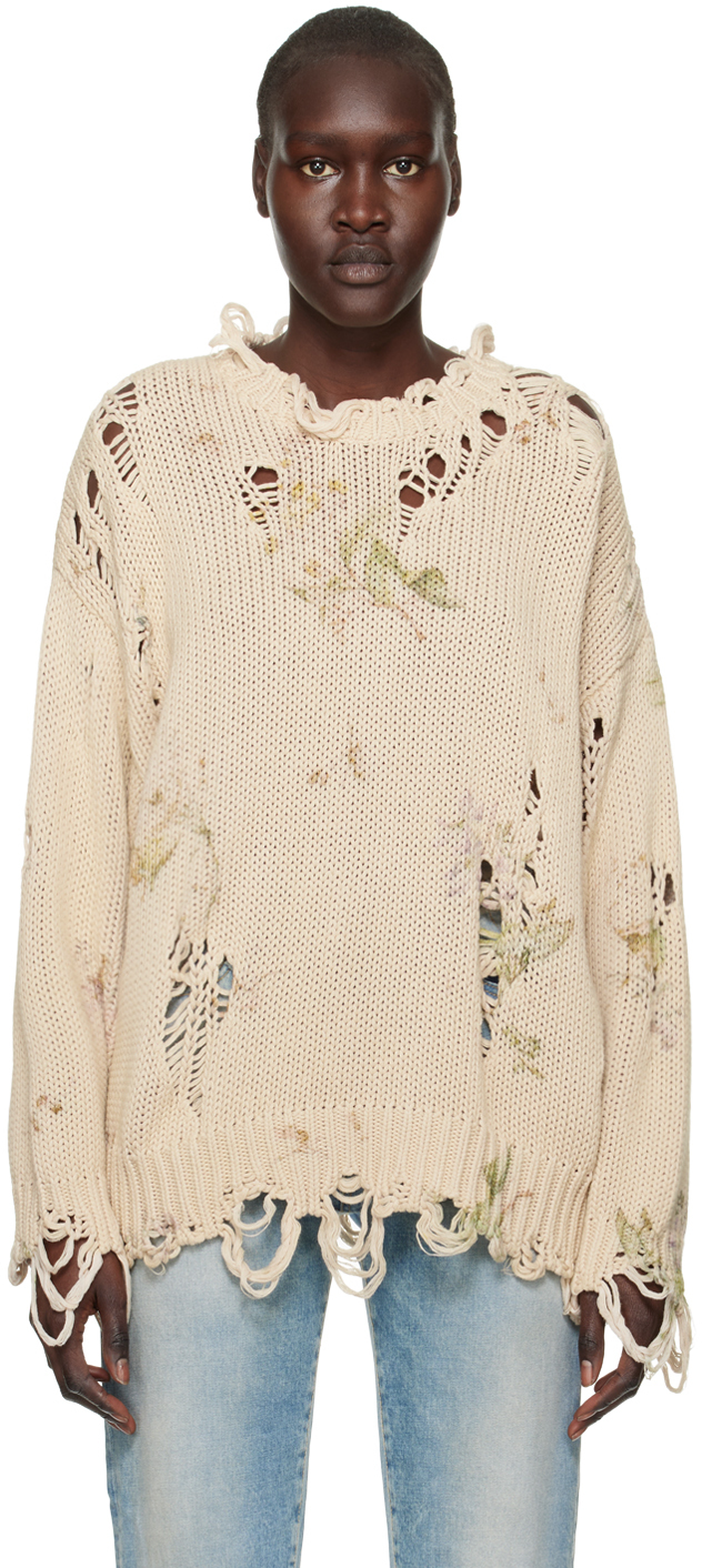 Beige Floral Distressed Sweater