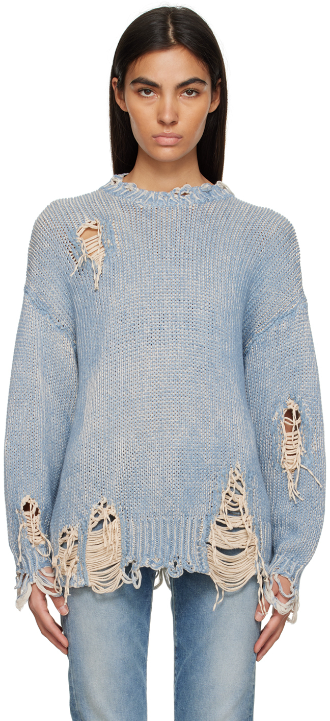 R13 BLUE OVERSIZED DISTRESSED SWEATER