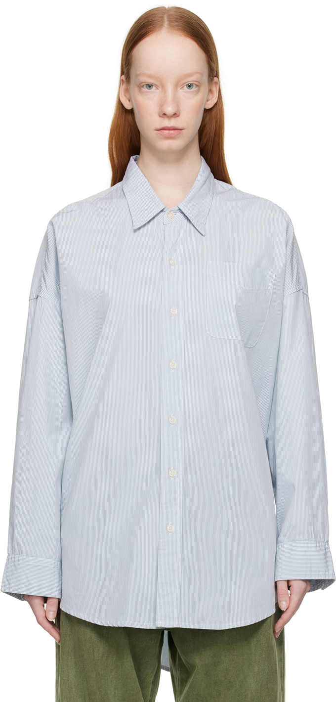 R13 Blue Drop Neck Shirt In Blue/white Pinstripe