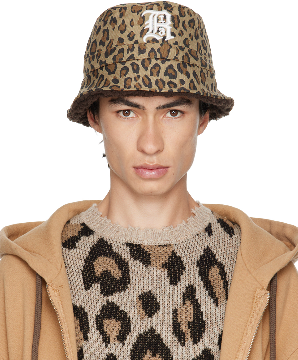 R13 Beige Leopard Logo Bucket Hat In Leopard W/brown
