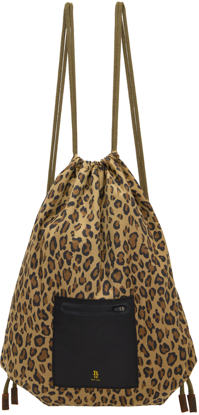 R13 Brown Drawstring Backpack In Leopard
