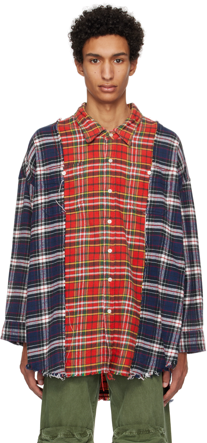 R13 Red Drop Neck Work Shirt In Navy W/red Plaid