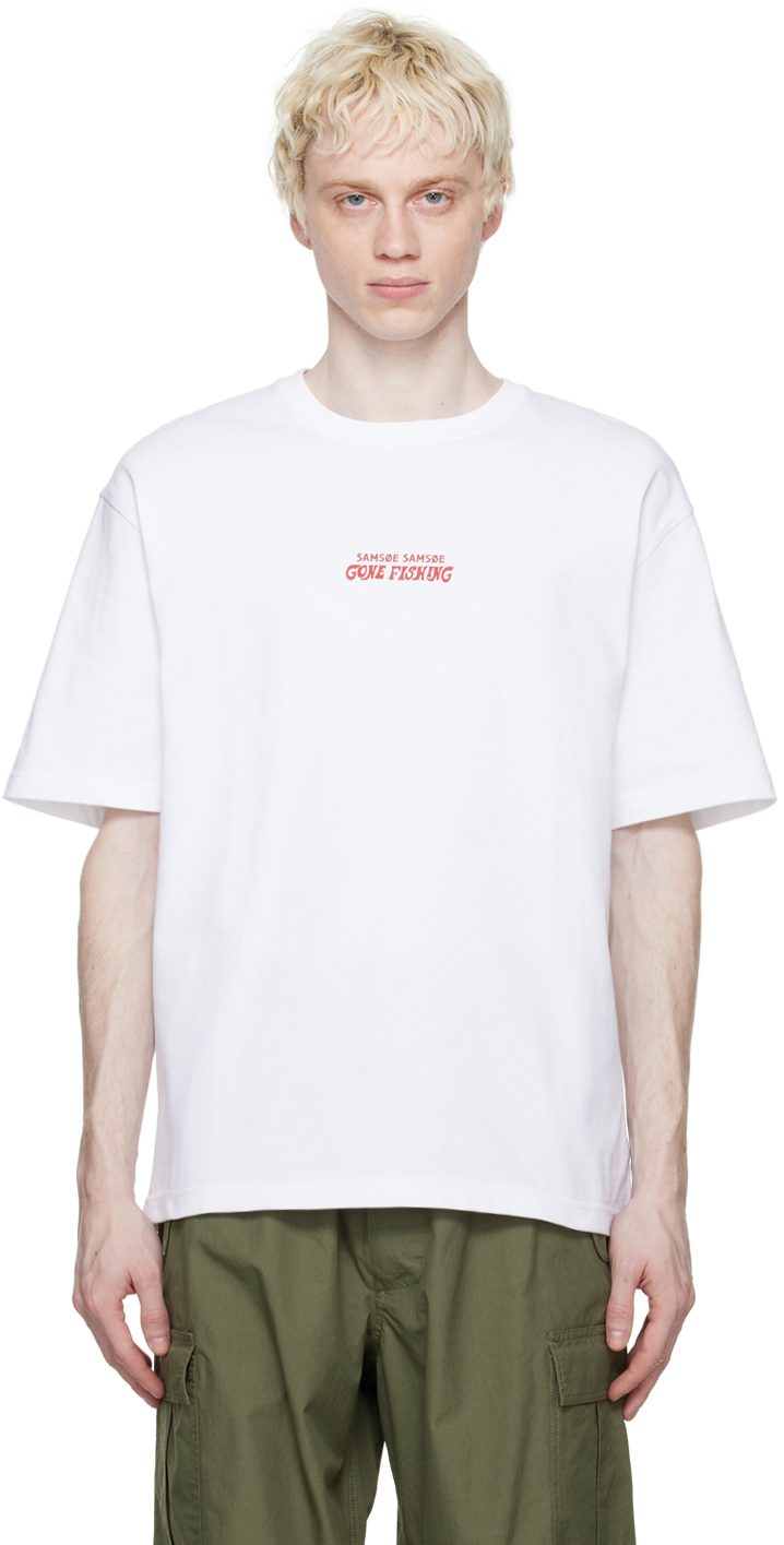 White 'Gone Fishing' T-Shirt by Samsøe Samsøe on Sale