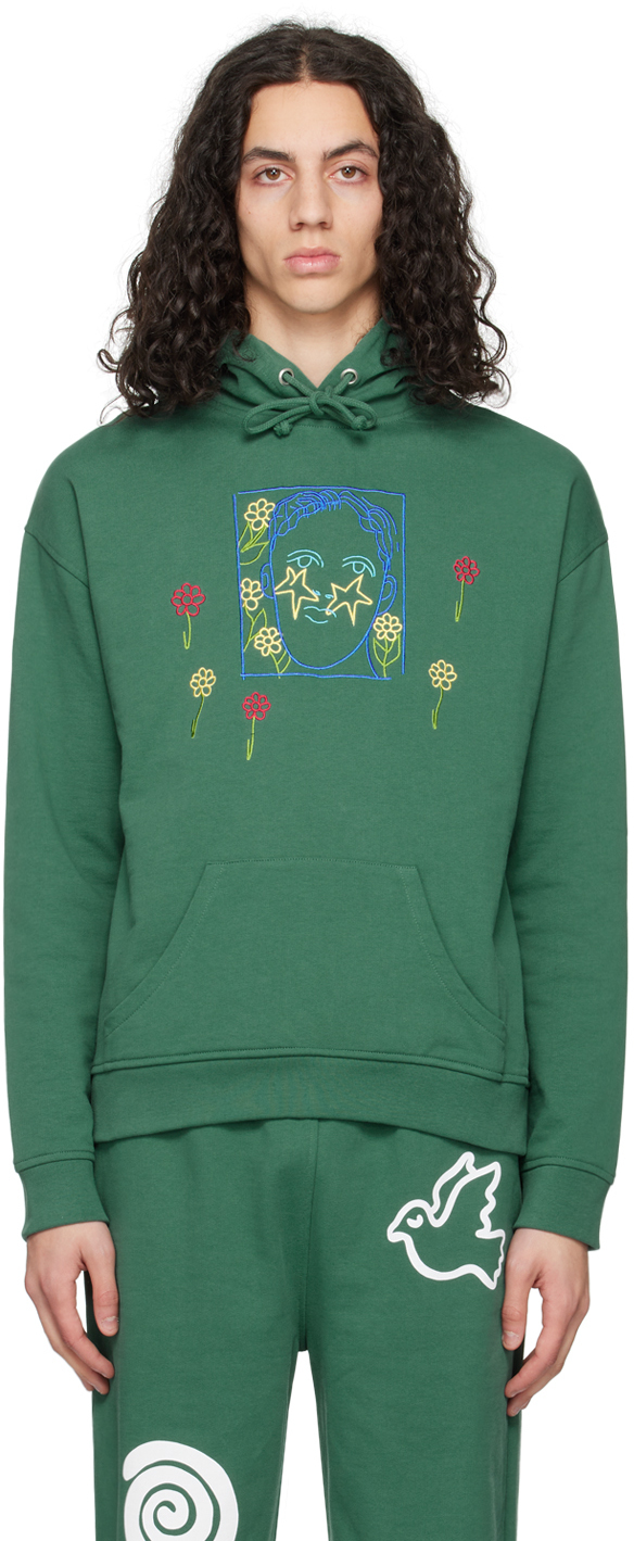 Green Embroidered Hoodie by Carne Bollente on Sale