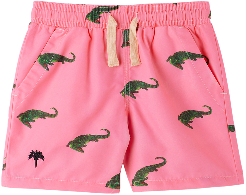 Shop Oas Kids Pink Croco Swim Shorts In Coral