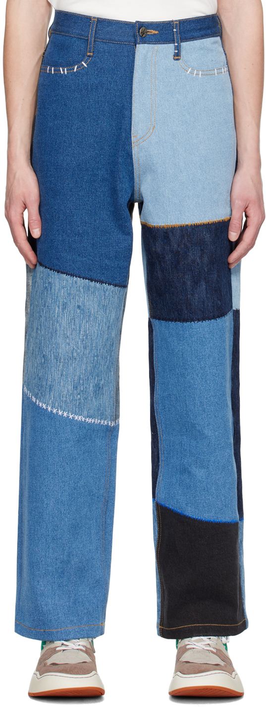 Ader Error Denim-patchwork Cotton Jeans In Blue