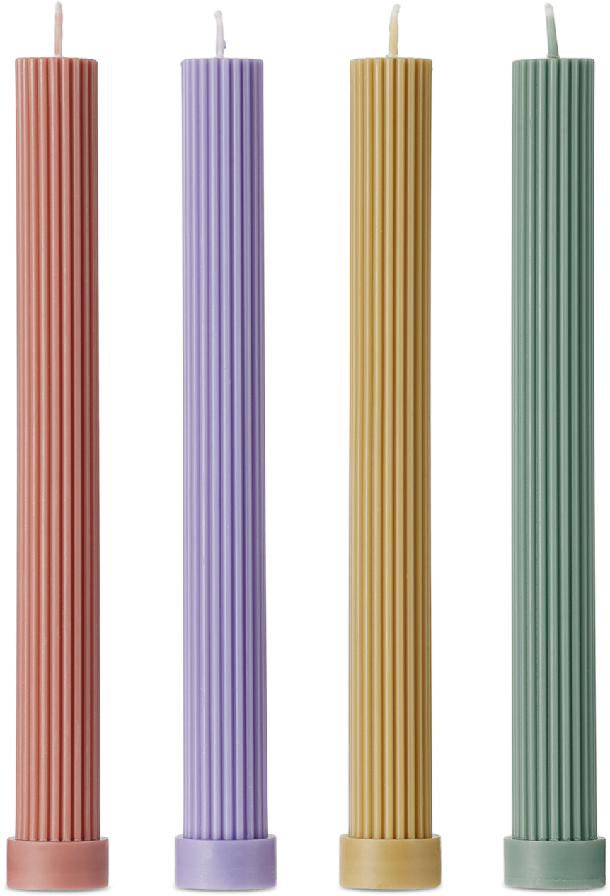 Black Blaze Multicolor Column Pillar Party Candle Set, 4 Pcs In Peach *1 +perwinkle