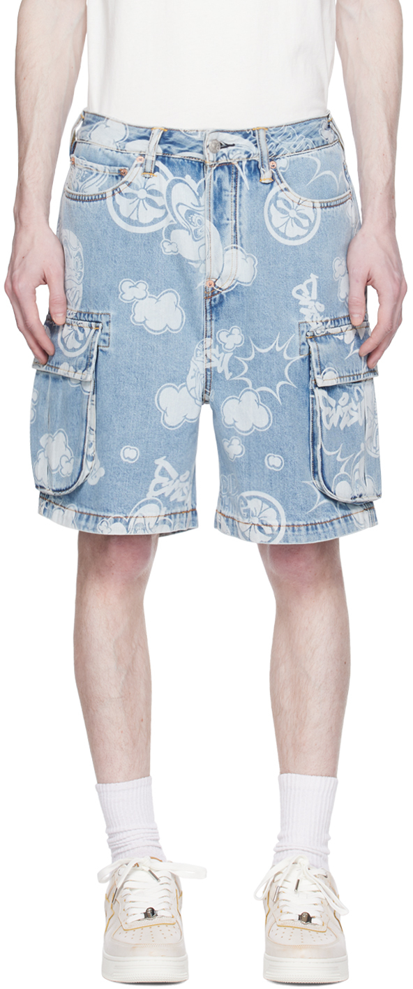 Evisu Printed Denim Cargo Shorts In Blue | ModeSens