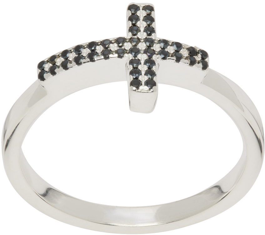 Stolen Girlfriends Club Ssense Exclusive Silver Dusted Cross Ring In Sterling Silver/ Bla